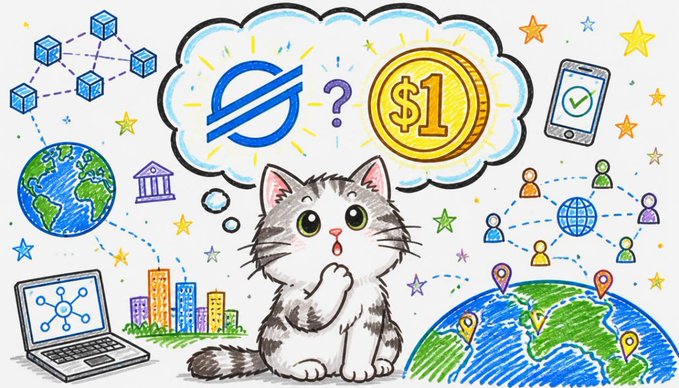 A puzzled cartoon kitten sits surrounded by blockchain networks, globes, and city skylines, with a thought bubble showing the Stellar logo, a "$?" and a golden "$1" coin—visually capturing the central question of whether Stellar ($XLM) can hit the $1 milestone by 2030 through real-world adoption.