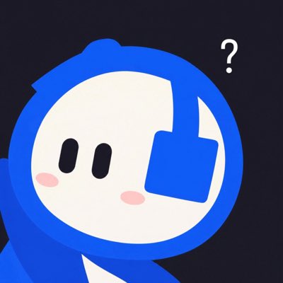 A cartoon character with a round face and blue hood, partially covered by a blue square, with a question mark "?" displayed in the upper right corner.