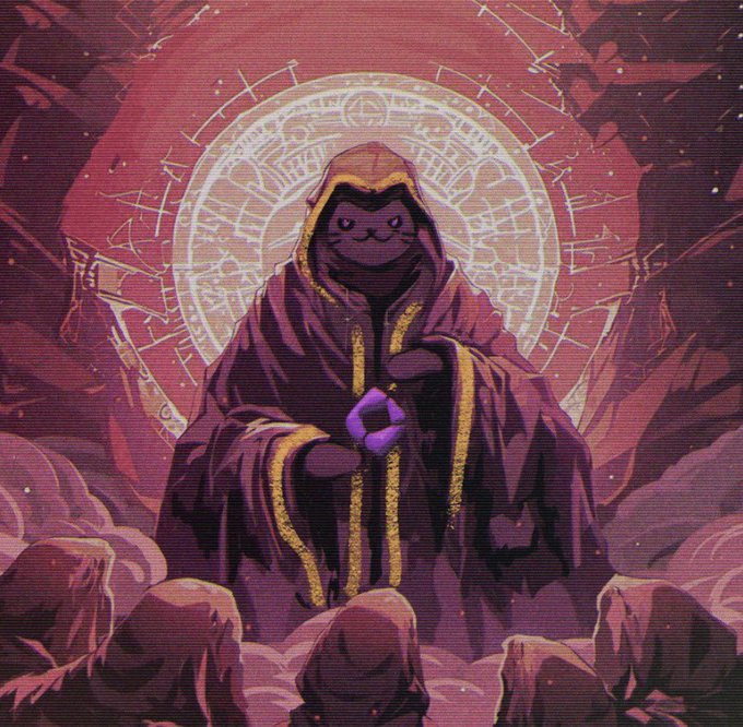 A hooded cloaked figure stands before a glowing magical circle in a rocky landscape, holding a small purple orb.