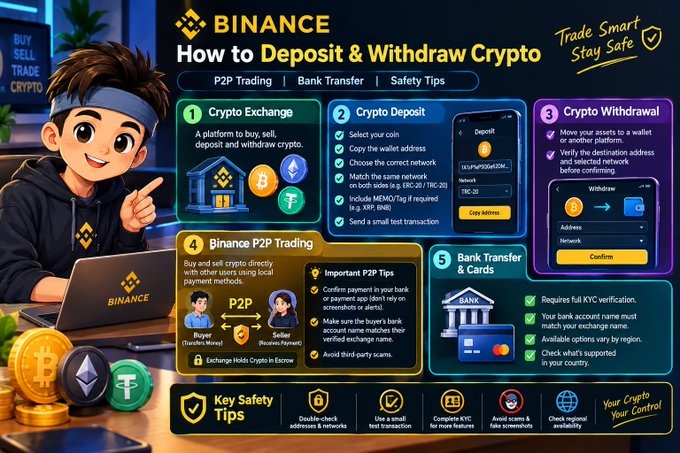 An infographic titled 'BINANCE How to Deposit & Withdraw Crypto' features a cartoon character and outlines five steps: Crypto Exchange, Crypto Deposit, Crypto Withdrawal, Binance P2P Trading, and Bank Transfer & Cards.
