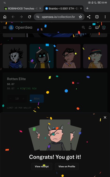 A screenshot of OpenSea showing a successful NFT mint of 'Rotten Elite' with the message 'Congrats! You got it!' and confetti animation.