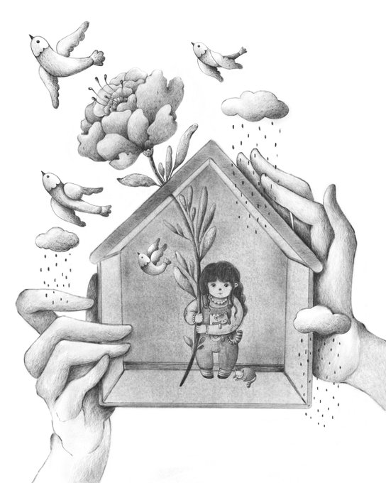 A black-and-white pencil illustration showing a small child holding a branch inside a house-shaped frame, which is being gently held by large hands, surrounded by flying birds, clouds, and flowers.