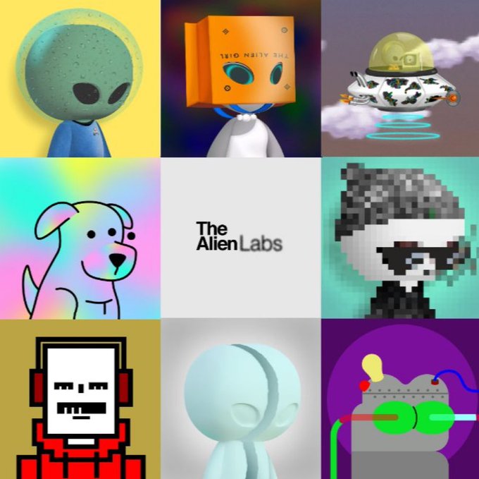 A 3x3 grid featuring various alien and character designs with 'The Alien Labs' logo in the center, including green aliens, a box-headed figure, a UFO, a dog, a pixelated character, and other stylized creatures.