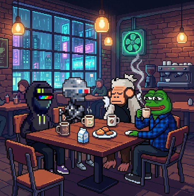 A pixel art scene depicting various internet characters including a figure in a rainbow visor and the 'soyjak' meme sitting at a table with a monkey, smoking, in a coffee shop setting.