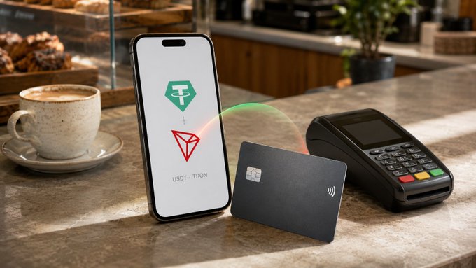 A smartphone displaying a USDT to TRON cryptocurrency conversion screen sits on a marble countertop between a coffee cup and a payment terminal, with a dark card showing a wireless payment symbol.