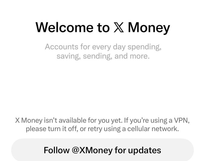 The image shows a "Welcome to X Money" page indicating the service isn't yet available to the user, suggesting they turn off VPN or retry on cellular. This relates to the post's request that @XMoney and Elon make the feature accessible to US citizens living or traveling abroad (e.g., in the Middle East) so they can sign up and have cards shipped to their US address.