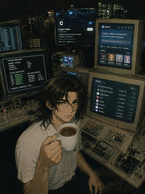 An anime-style illustration depicts a young man with long dark hair holding a coffee mug while surrounded by multiple retro computer monitors displaying cryptocurrency interfaces, including 'Crypto Twitter' and 'OpenSea' with 'Trending' NFT collections listed.