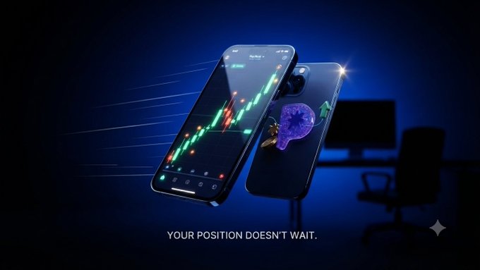 A promotional image shows an iPhone displaying a stock trading chart with the tagline "YOUR POSITION DOESN'T WAIT." beside an office desk setup.