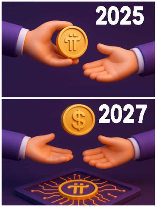 An illustration in two panels: the top panel labeled '2025' shows a hand passing a Pi coin to another, while the bottom panel labeled '2027' shows a dollar coin floating above hands over a Pi coin on a chip.