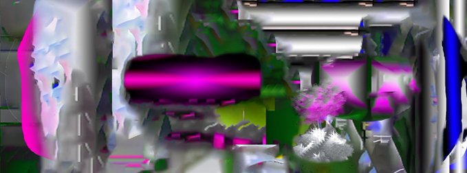 An abstract, heavily distorted digital image with blurry pink, green, and gray metallic shapes.