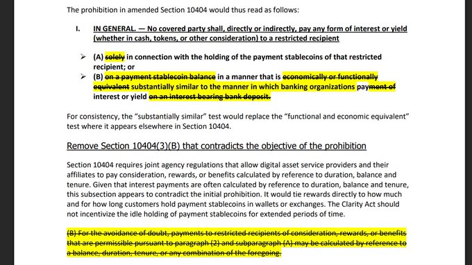 The image displays a proposed amendment to Section 10404 of what appears to be the Clarity Act, specifically prohibiting covered parties from paying interest or yield (whether in cash, tokens, or other consideration) to restricted recipients, with highlighted text showing modifications to the interest-bearing bank deposit language and a deletion of subsection (3)(B) regarding payment calculations. The image relates to the accompanying post by showing the specific legislative language the American Bankers Association and trade groups are advocating for to enforce strict stablecoin interest limits and prevent deposit flight from traditional banks.