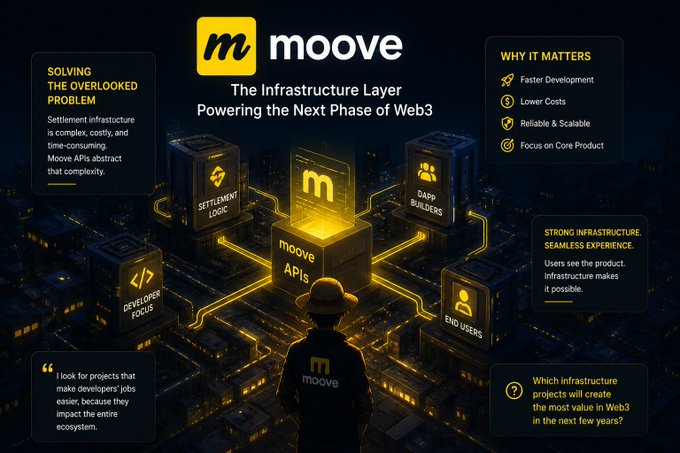 The image is a promotional graphic for Moove, featuring a dark cityscape with glowing yellow accents and a central figure looking up at "moove APIs" connected to "Settlement Logic," "Dapp Builders," "Developer Focus," and "End Users" modules. Key text includes "The Infrastructure Layer Powering the Next Phase of Web3," "Solving the Overlooked Problem," "Why It Matters" (Faster Development, Lower Costs, Reliable & Scalable, Focus on Core Product), and "Strong Infrastructure, Seamless Experience."

The graphic visually reinforces the post's message by depicting Moove APIs as the foundational layer that abstracts settlement complexity, connecting developers and end users while letting builders focus on their core products.