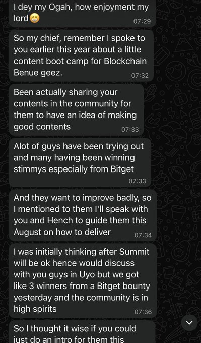 Screenshot of a text message conversation discussing a content boot camp for 'Blockchain Benue geez' and mentioning Bitget bounties and an August delivery plan.