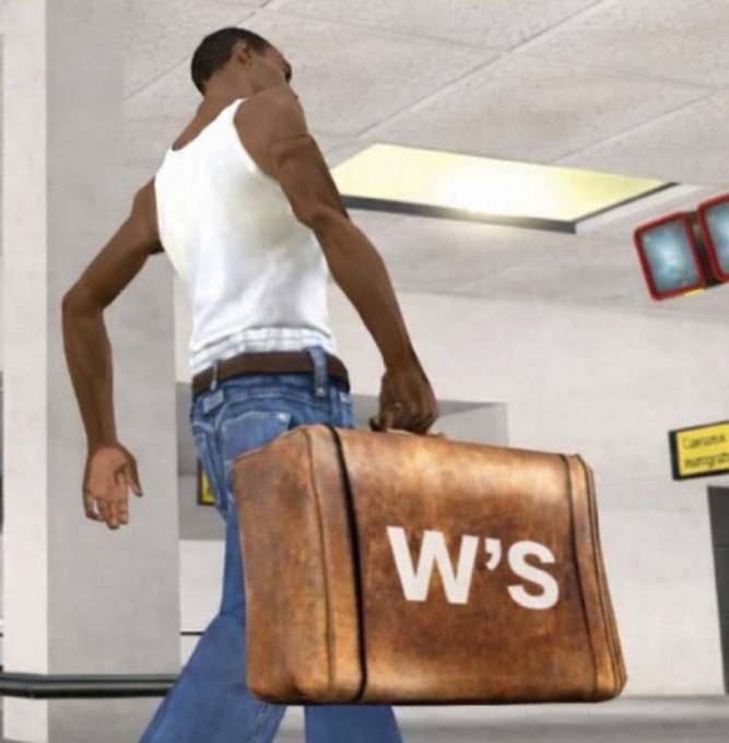 A surreal image of a man in a white tank top and jeans carrying an oversized brown briefcase labeled 'W'S' through what appears to be an airport terminal.