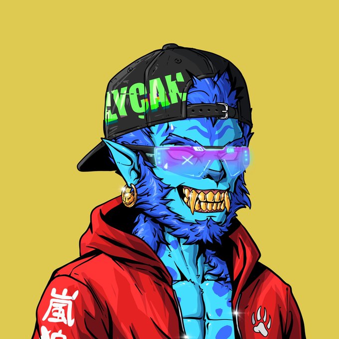 A digital illustration of a blue-skinned werewolf-like character with sharp fangs, wearing purple sunglasses, a black cap with "LYCAN" in green lettering, and a red jacket against a yellow background.