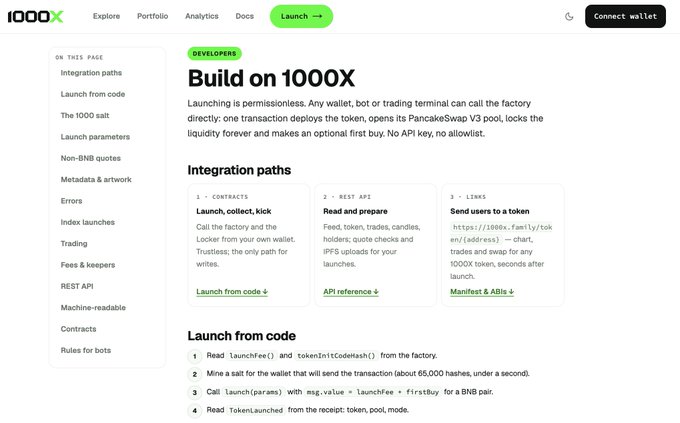 The '1000X' developer documentation webpage detailing 'Integration paths' for launching tokens, including launching from code, reading API data, and linking users.