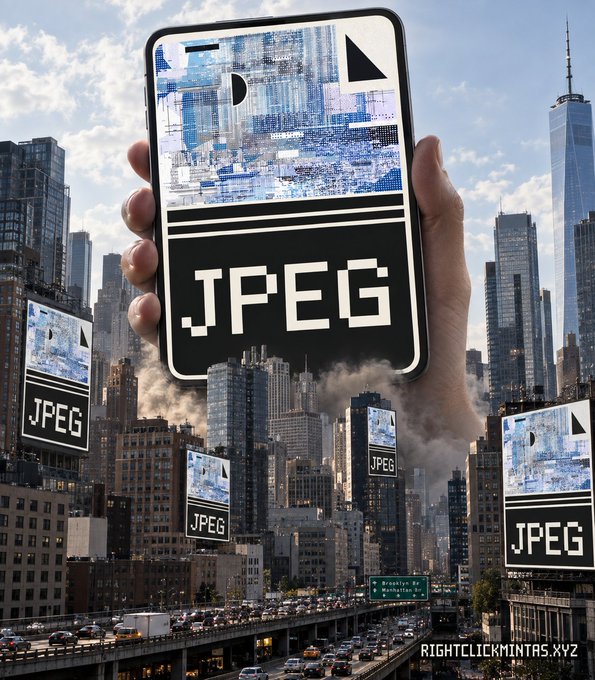 A hand holds up a smartphone displaying a 'JPEG' logo, with a similar JPEG billboard visible in the background cityscape, and the text 'RIGHTCLICKMINTAS.XYZ' in the corner.