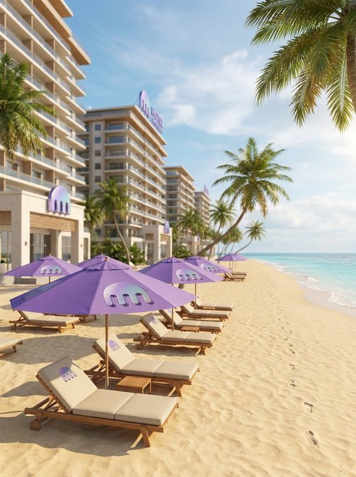 A tropical beach scene with purple umbrellas featuring an 'm' logo, lounge chairs, palm trees, and a large resort building in the background.