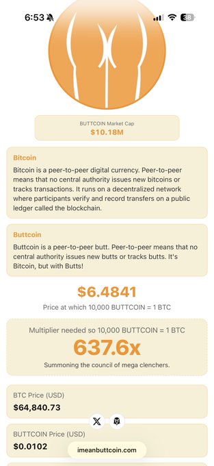 A mobile screenshot of the BUTTCOIN website showing a market cap of $10.18M, explaining that Buttcoin is a peer-to-peer butt currency, with a BTC price of $64,840.73 and BUTTCOIN price of $0.0102.