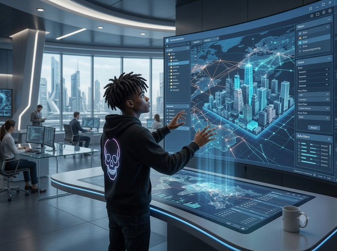 A young person with dreadlocks wearing a skull hoodie stands in a futuristic control room, interacting with large digital displays showing world maps and data visualizations.