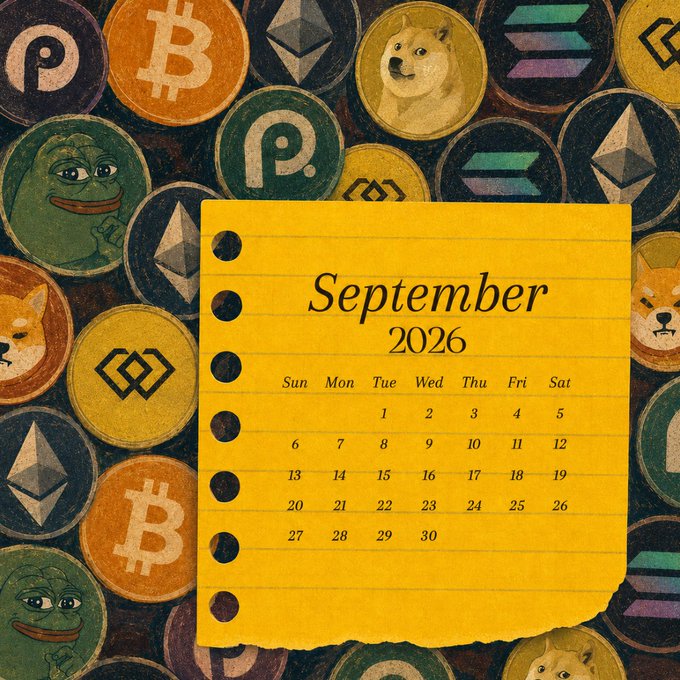 A September 2026 calendar on a yellow notepad, surrounded by illustrated cryptocurrency coins featuring Bitcoin, Ethereum, Dogecoin, Solana, and Pepe the Frog logos.