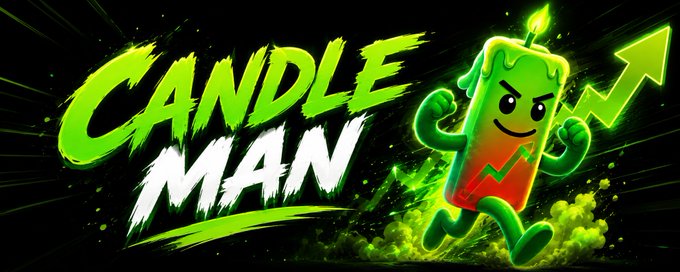 A vibrant logo for 'CANDLE MAN' features a cartoon green candle character with an upward-trending chart.