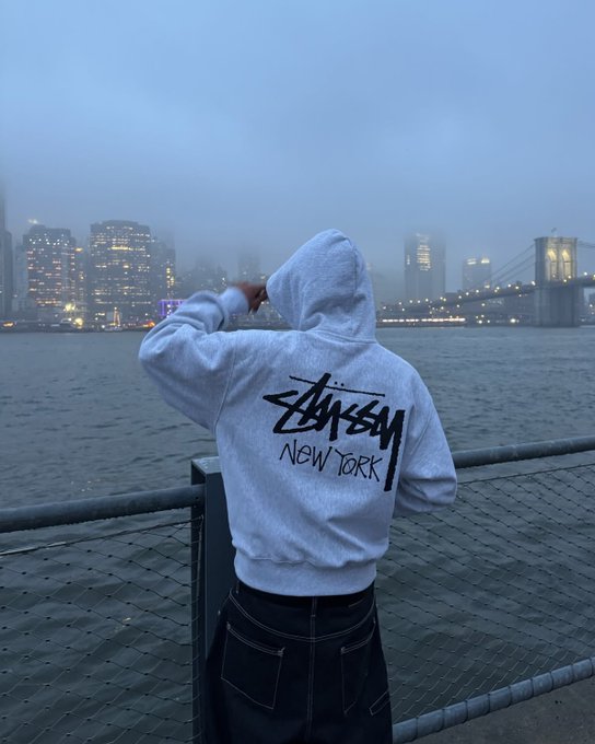 A person from behind wearing a gray Stüssy New York hoodie, looking out over water toward a foggy city skyline with a bridge.