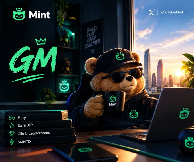 A promotional graphic for "Mint" features a teddy bear in a black cap and sunglasses holding a branded mug, with a laptop nearby; text includes "GM", "Play", "Earn XP", "Climb Leaderboard", and "$MNTD".