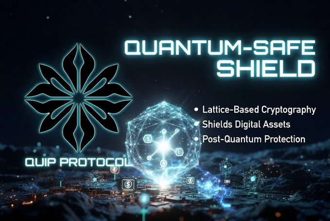 The image showcases a futuristic cybersecurity graphic for "QUIP PROTOCOL," featuring its quantum-safe shield technology with key features listed: "Lattice-Based Cryptography," "Shields Digital Assets," and "Post-Quantum Protection." The accompanying post highlights how @quipnetwork is pioneering post-quantum security to enable secure participation in the decentralized economy, which aligns with the image's emphasis on advanced cryptographic protection for digital assets.