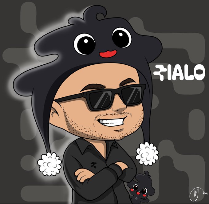 Cartoon avatar of a smiling man wearing sunglasses and a black shirt with crossed arms, topped with a black Kuromi-style hood, with the text 'FIALO' displayed on the right.