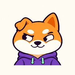 A cartoon illustration of an orange and white Shiba Inu dog wearing a purple hoodie.