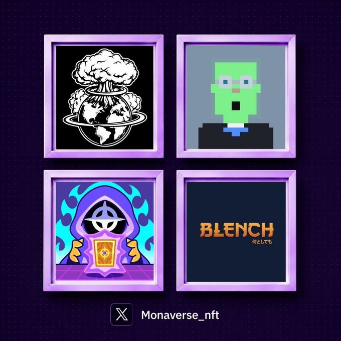 A promotional image displays four NFT artwork previews in purple frames against a dark blue background, featuring a mushroom cloud globe, a green pixelated character, a hooded figure with a glowing card, and a "BLENCH" logo with Japanese text, while the bottom shows the X handle "@Monaverse_nft" alongside the post's announcement of upcoming projects including Blench, a $KEVAR token launch, and Everdraw RPG.