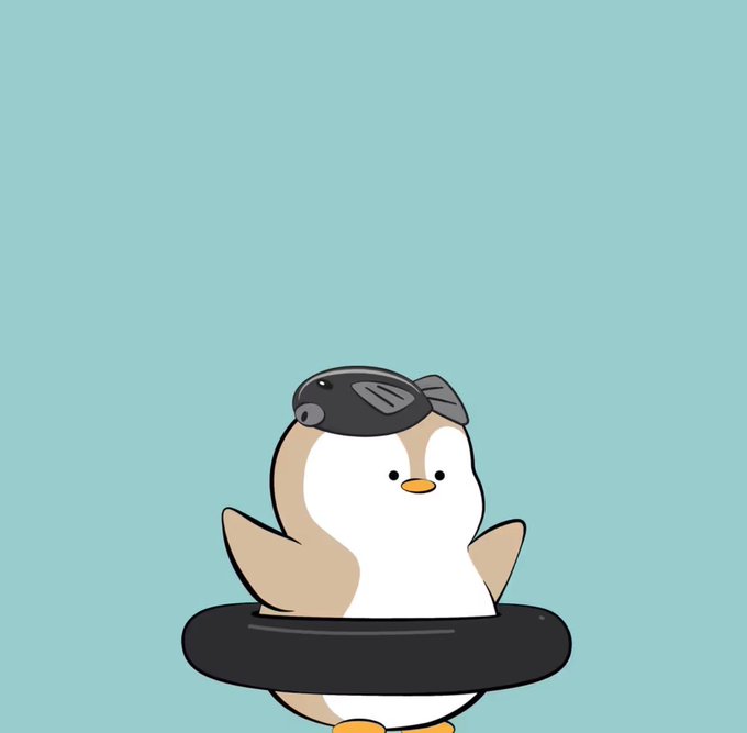 A cute cartoon illustration of a small penguin-like bird standing behind a black inner tube against a light teal background.