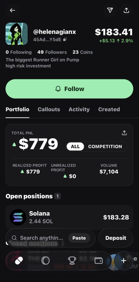 The image shows a trading profile on Pumpfun for @helenagianx, displaying a portfolio value of $183.41 (+$55.13, 2.9%), 49 followers, and a total realized profit of $779 with $7,104 in volume, alongside an open Solana position of 2.44 SOL ($183.28). The profile's self-description reads "The biggest RunnerGirl on Pump high risk investment," which aligns with the post about being rugged for $800 on a Pumpfun memecoin—illustrating the risky, volatile nature of the platform despite the user's claim of a $779 realized profit.
