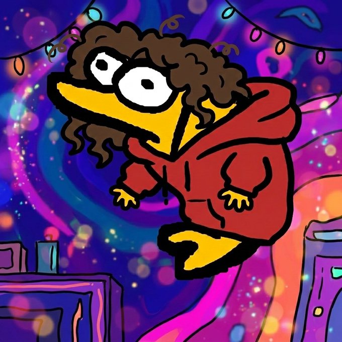 A colorful cartoon illustration depicts a duck-like character with curly brown hair and glasses wearing a red hoodie against a vibrant purple and blue swirly background.
