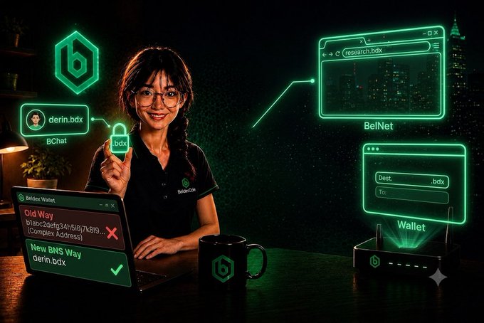A BelNet/BChat promotional scene shows a woman holding a “bdx” token beside a laptop, with neon interface elements labeled “derin.bdx,” “research.bdx,” “Wallet,” “Old Way,” and “New BNS Way.”