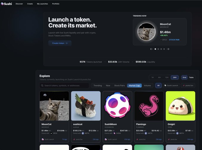 The image shows the redesigned Sushi Launch interface with a "Launch a token. Create its market." hero section featuring MoonCat as a trending token at $1.46m market cap, alongside an Explore grid displaying memecoins like sushicoat ($12.55k), SushiMoon ($247.68), Flamingo ($316.42), and Onigiri ($7.40), showcasing the platform's sleek new dark-themed design for token deployment.