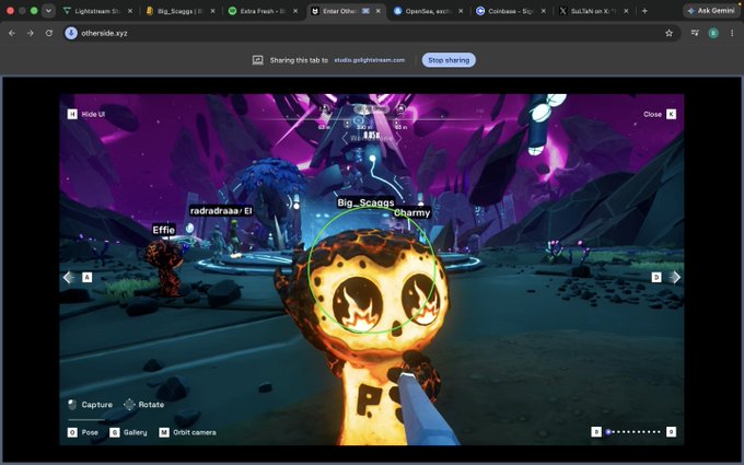A screenshot of a web-based 3D game scene from otherside.xyz showing a fiery, lava-textured avatar character in a purple-hued landscape with other player usernames visible.