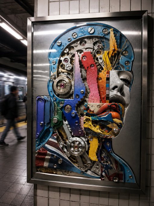 A colorful mixed-media mosaic artwork depicting a robotic/mechanical profile of a head, mounted in a metal frame on a tiled wall in what appears to be a subway station.