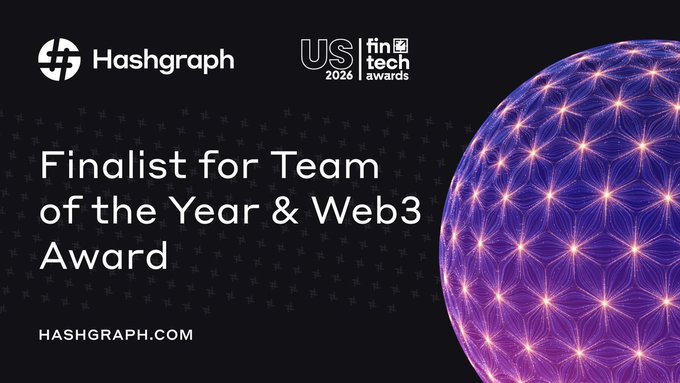 A Hashgraph promotional graphic announcing they are a 'Finalist for Team of the Year & Web3 Award' at the US FinTech Awards 2026, featuring a purple geometric sphere design.
