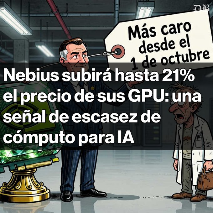 A cartoon illustration showing a businessman in a pinstripe suit holding a price tag, with text 'Más caro desde el 1 de octubre' (More expensive since October 1st), and overlay text 'Nebius subirá hasta 21% el precio de sus GPU: una señal de escasez de cómputo para IA' (Nebius will raise the price of its GPUs by up to 21%: a sign of AI compute scarcity).