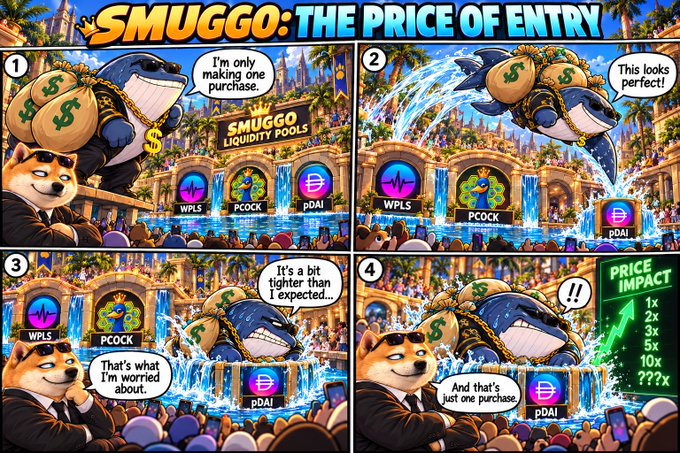 A four-panel comic titled 'SMUGGO: THE PRICE OF ENTRY' featuring a Shiba Inu and a whale character at 'SMUGGO LIQUIDITY POOLS,' with text bubbles reading 'I'm only making one purchase,' 'This looks perfect!,' 'It's a bit tighter than I expected...,' 'That's what I'm worried about,' 'PRICE IMPACT 1x 2x 3x 5x 10x ???x,' and 'And that's just one purchase,' along with cryptocurrency logos for WPLS, PCOCK, and pDAI.