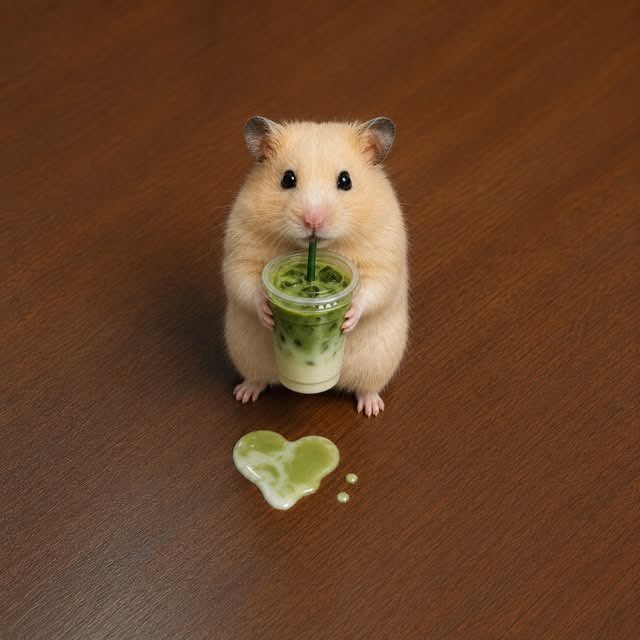 A cute hamster standing upright on a wooden surface holding a plastic cup of green matcha drink, with a heart-shaped spill beside it.