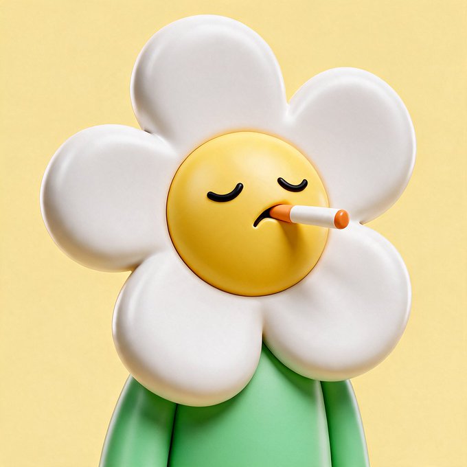 A 3D-rendered daisy character with a sad expression and closed eyes, holding a lit cigarette in its yellow center, set against a pale yellow background.