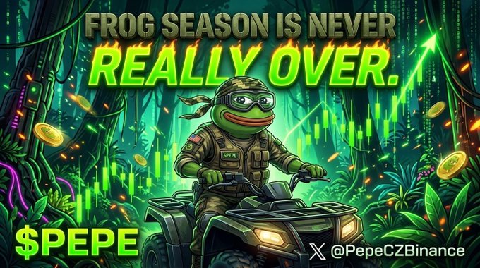 Promotional meme image for $PEPE cryptocurrency featuring a soldier frog riding an ATV with the text 'FROG SEASON IS NEVER REALLY OVER' and the handle '@PepeCZBinance'.