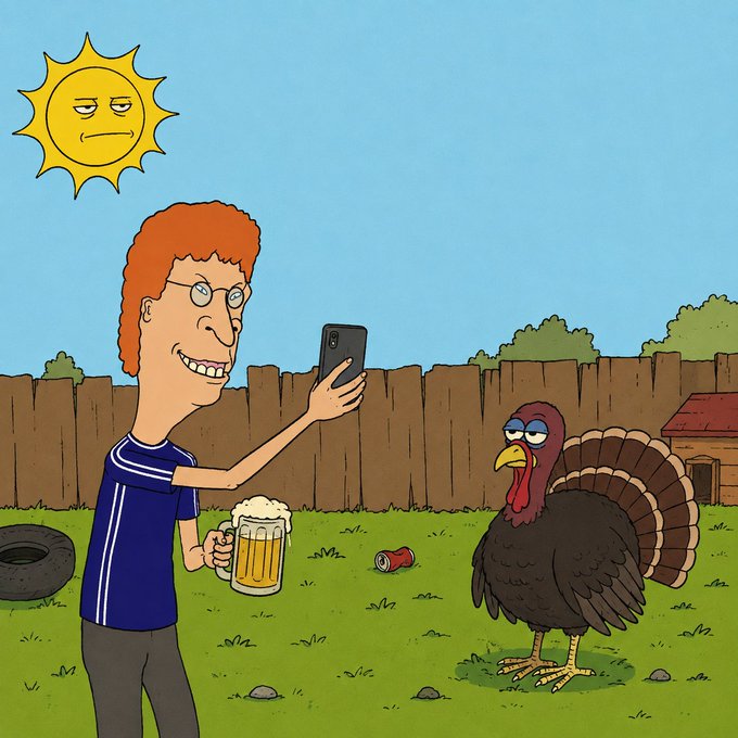 An illustration in a cartoon style (resembling Rick and Morty) showing a red-haired character with glasses taking a selfie with a turkey while holding a beer mug in a backyard.