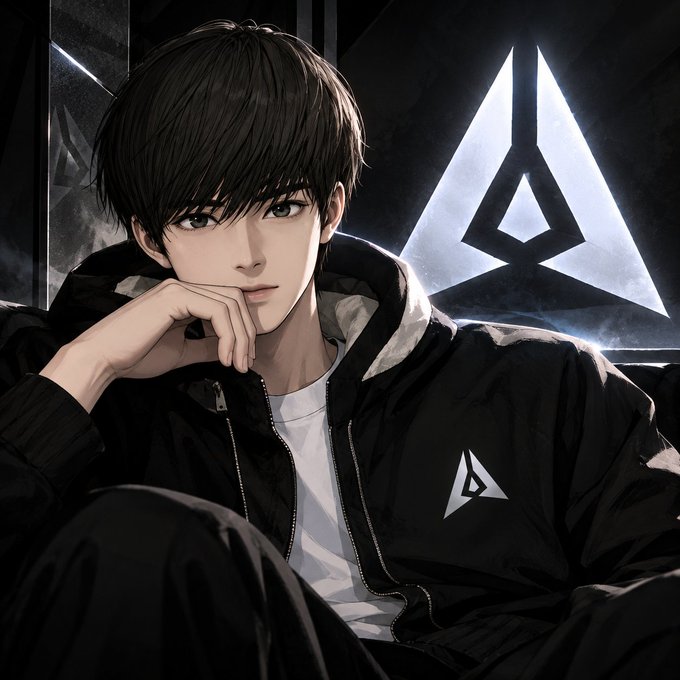 Anime-style illustration of a young man with dark hair wearing a black bomber jacket featuring a triangular symbol, with a large matching geometric logo displayed in the background.