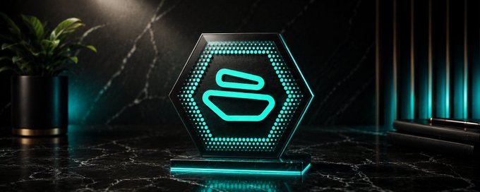 Stylized image of a glowing cyan hexagonal token or logo on a dark marble surface with a plant in the background.