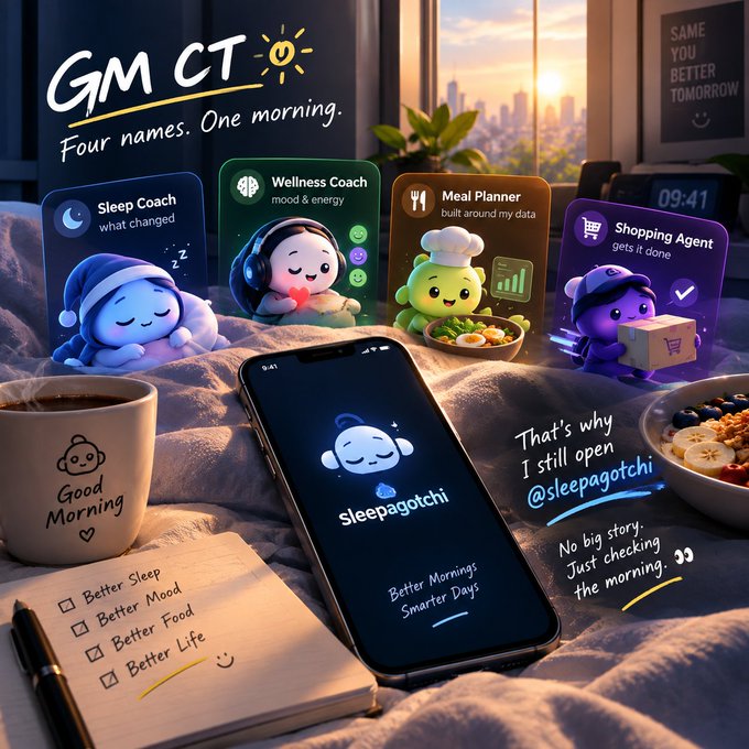 A promotional graphic for 'Sleepagotchi' displaying app cards including Sleep Coach, Wellness Coach, Meal Planner, and Shopping Agent, alongside a phone showing the app and a checklist reading 'Better Sleep, Better Mood, Better Food, Better Life'.