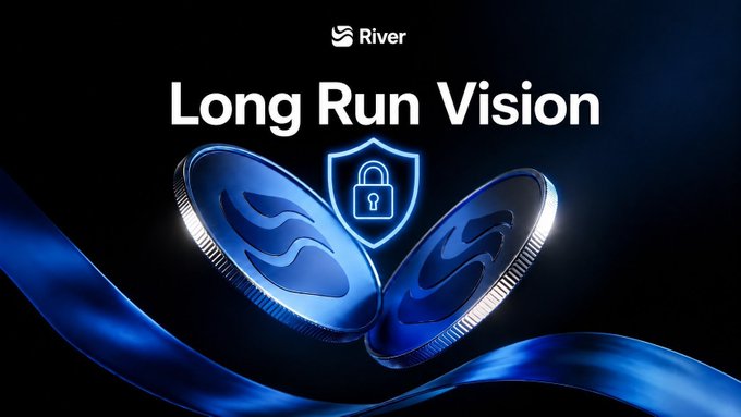 A promotional graphic for River cryptocurrency featuring the text 'Long Run Vision' with two blue coins and a shield/lock icon on a dark background.